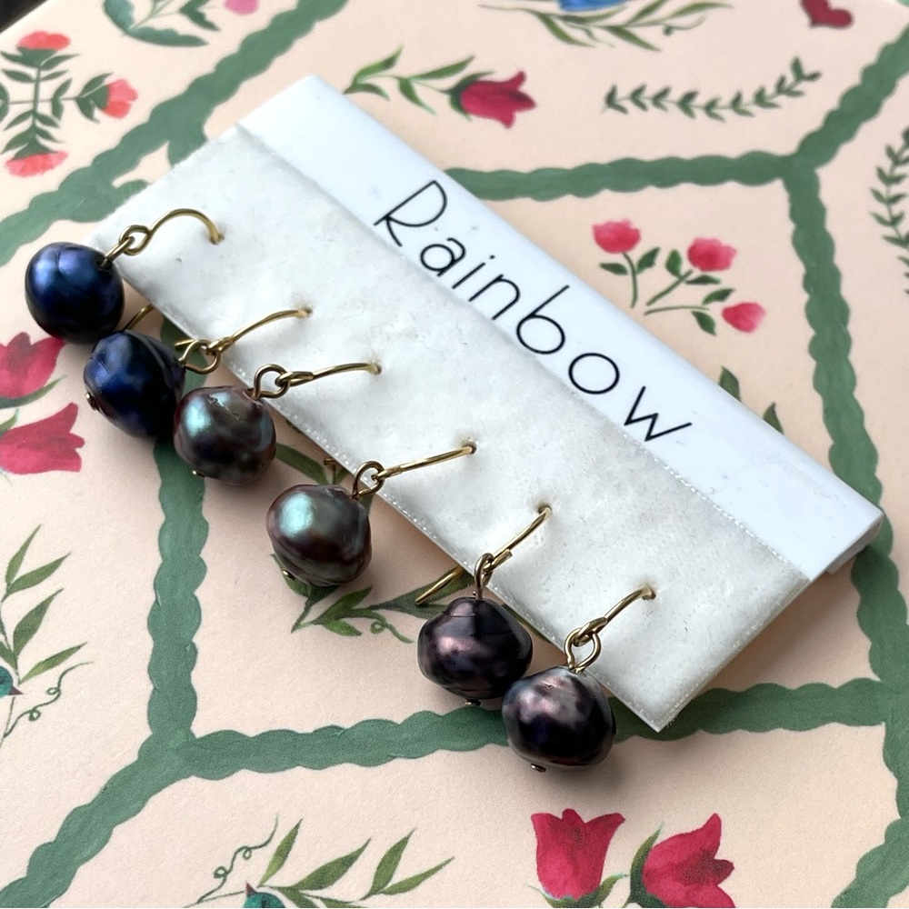 Set of 3 pairs vtg faux (glass?) baroque pearl drop earrings blue green purple